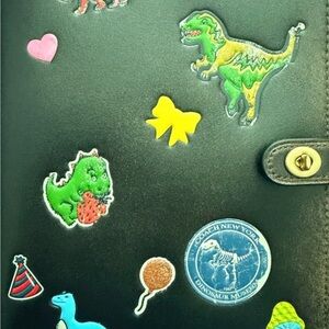 Black Leather Stickered Organizer with Colorful Dinosaur Patches